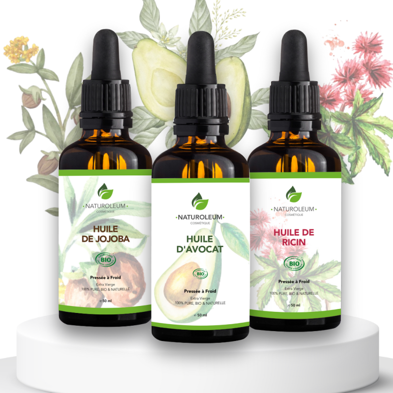 Pack huiles bio avocat, ricin et jojoba pour cheveux secs