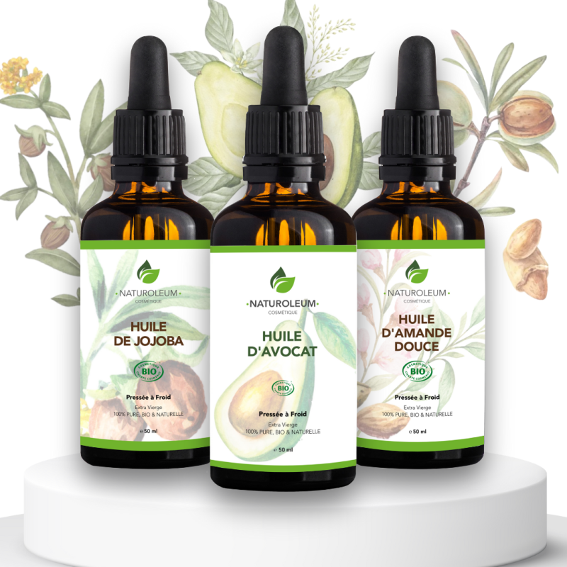Pack huiles bio jojoba, amande douce et avocat pour le démaquillage
