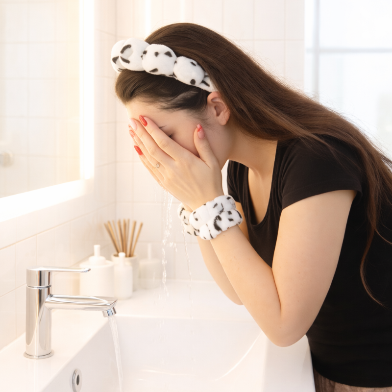 Femme se lavant le visage avec un serre-tête et des manchettes