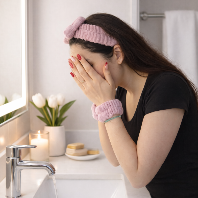 Femme se lavant le visage avec un bandeau et des manchettes